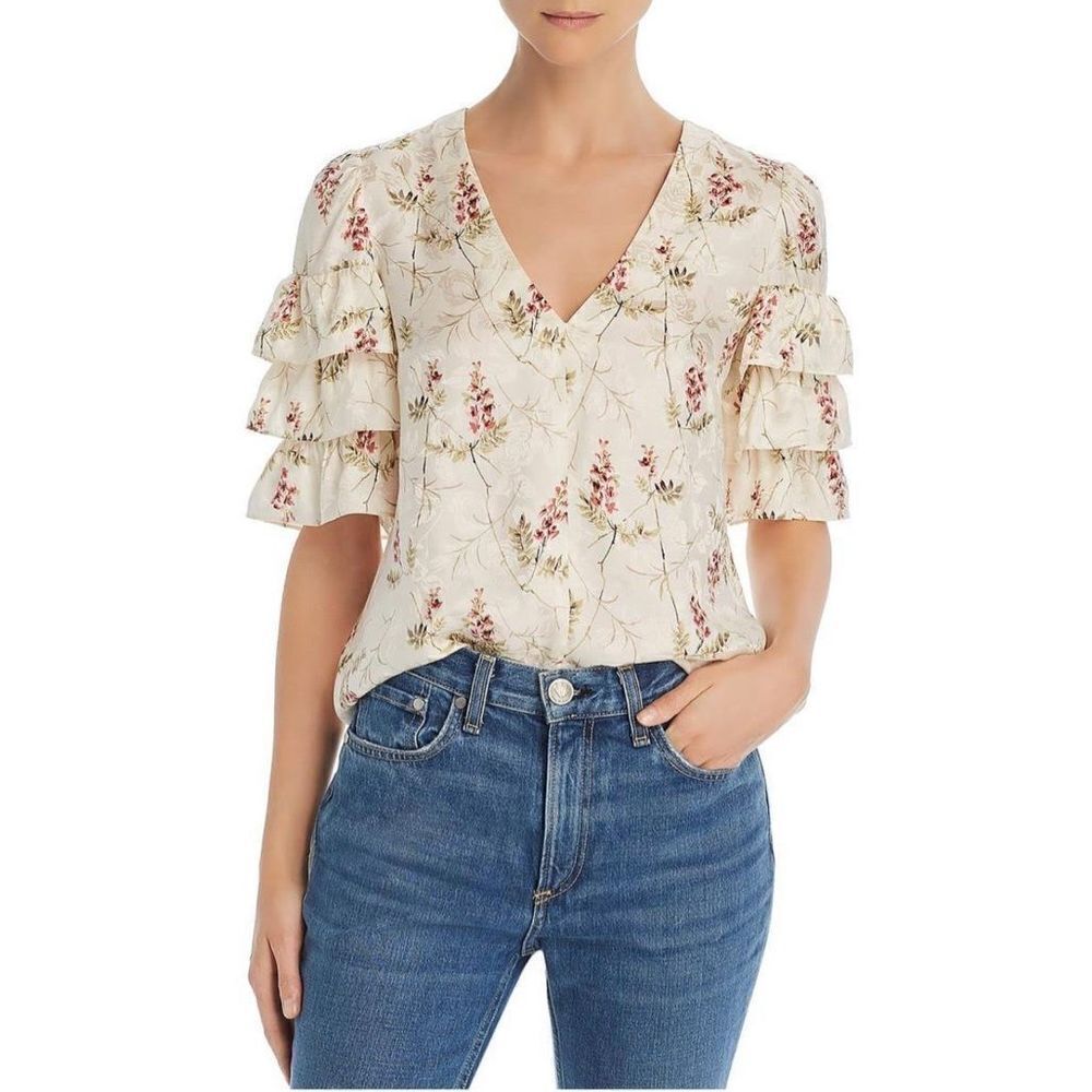 Rebecca Taylor Ivie Silk Blend Ruffle Sleeve Floral Blouse Size 0